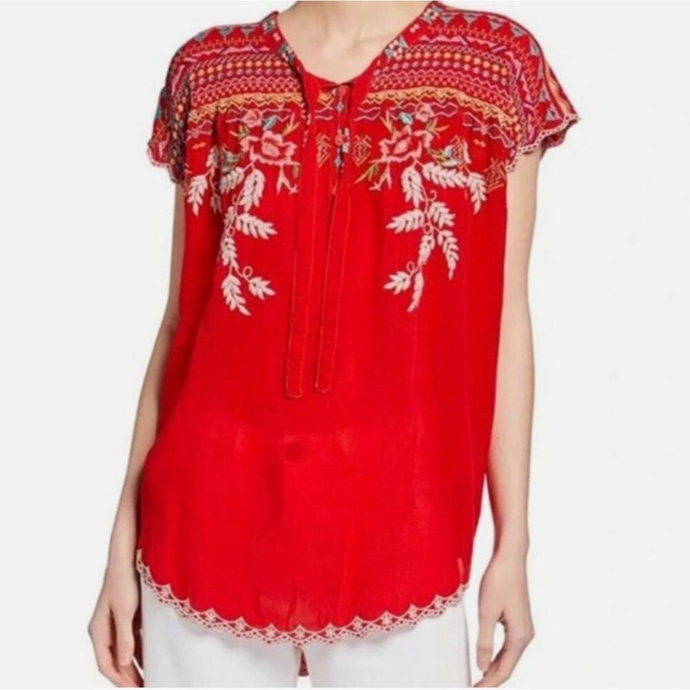 Johnny Was Red Lissa Tunic Tee with Floral Embroidery SZ L EUC Original $215